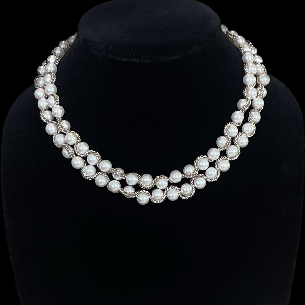 Long 36” Chain Wrapped Imitation Pearl Rope Necklace